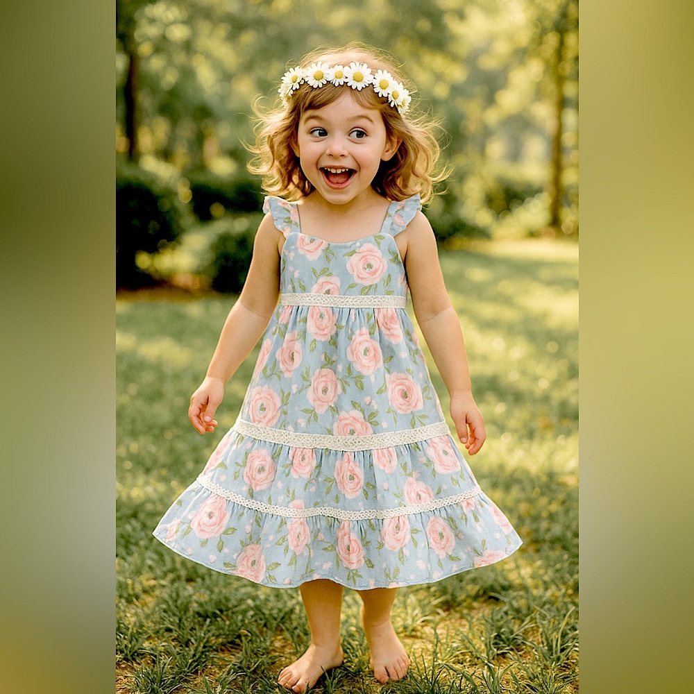 Haute Hippie 70s Tiered Cottage core sundress, cabbage roses, 4T, MSRP $48